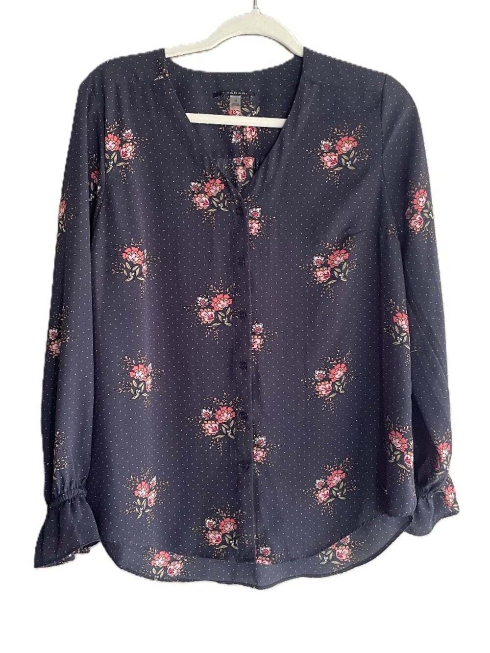 T Tahari Navy Dot & Floral Button-Down Blouse Size M